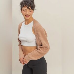 NEW Double Zero Taupe Ribbed Knit Cropped Bolero Cardigan Neutral Layer Small